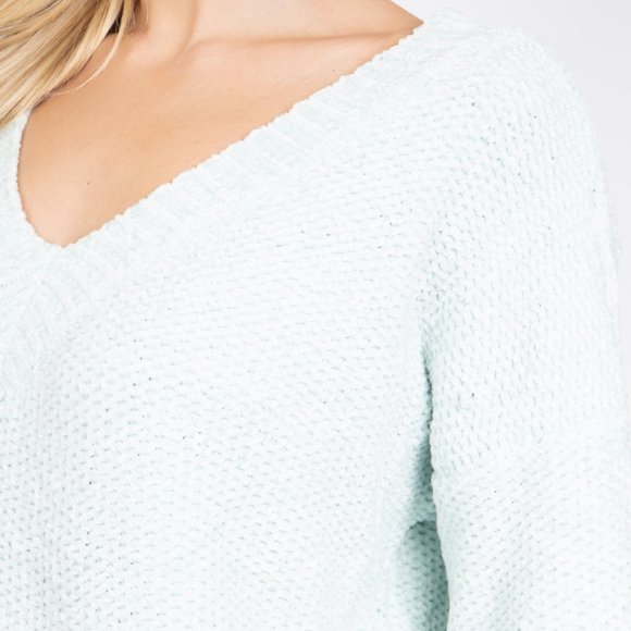 Miracle Women's Mint Green V neck Distressed Hem Knit Long Sleeve Crop Sweater - Picture 7 of 8